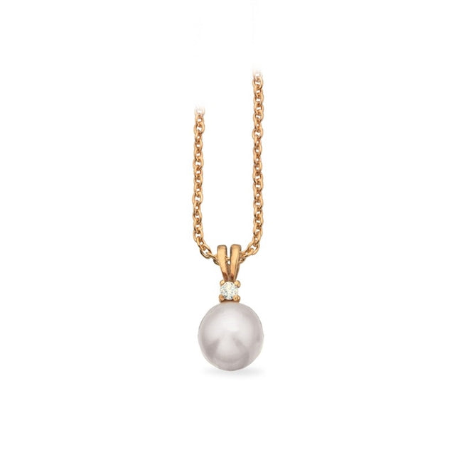 Scrouples perlevedhæng i 8 kt guld med kubisk zirkonia og forgyldt kæde 42+3 cm.